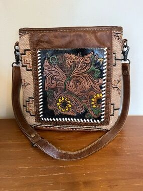 Myra Tooled Leather Crossbody Bag Purse Sunflower Floral Boho